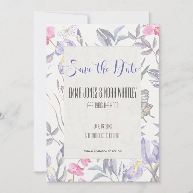 Purple Iris Watercolor Wedding Save the Date Card (Front)