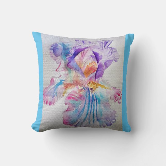 Purple Iris Watercolour floral light blue Cushion (Front)