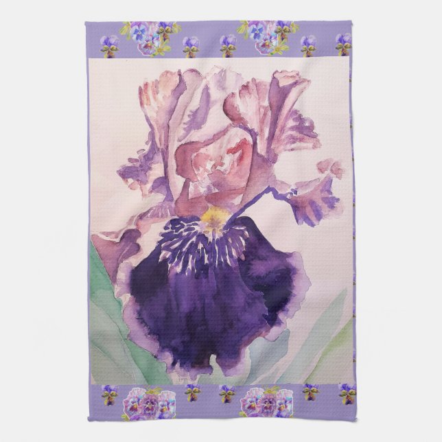 Purple Iris Watercolour Lavender Floral Flower  Tea Towel (Vertical)