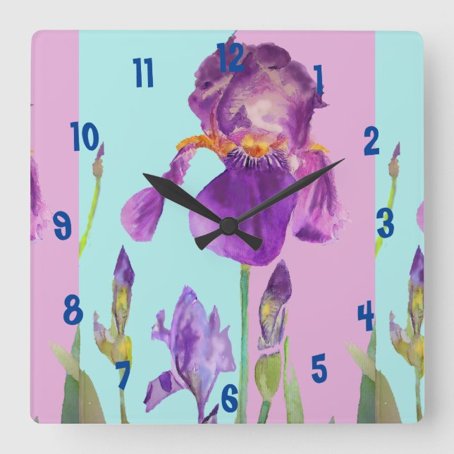 Purple Iris Watercolour Womans Office Clock (Front)