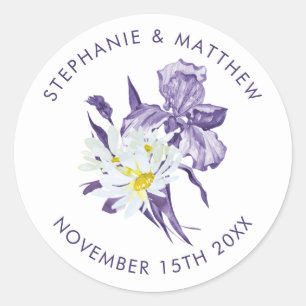 Purple Iris White Daisy Botanical Wedding Classic  Round Sticker
