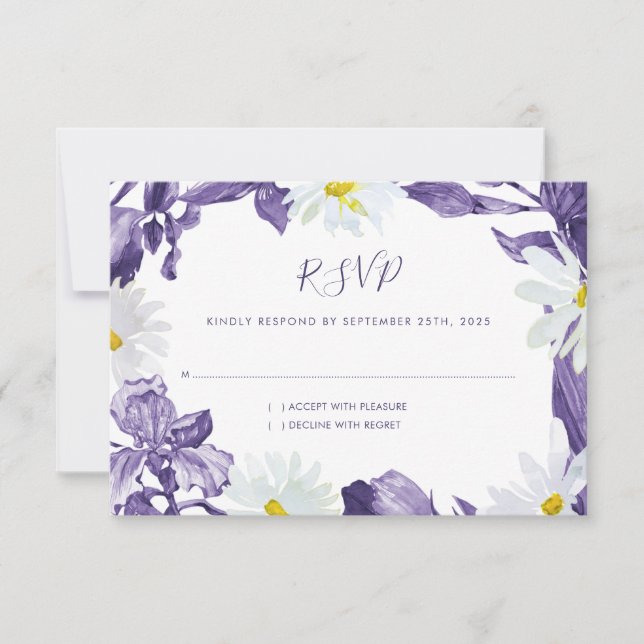 Purple Iris White Daisy Watercolor Botanical RSVP Card (Front)
