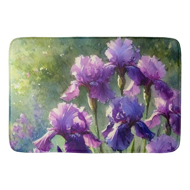 Purple Irises Floral Watercolor Bath Mat (Front)