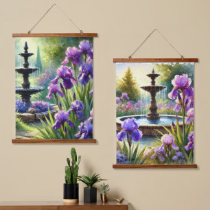 Purple Irises Flowers and Fountain Hanging Tapestry
