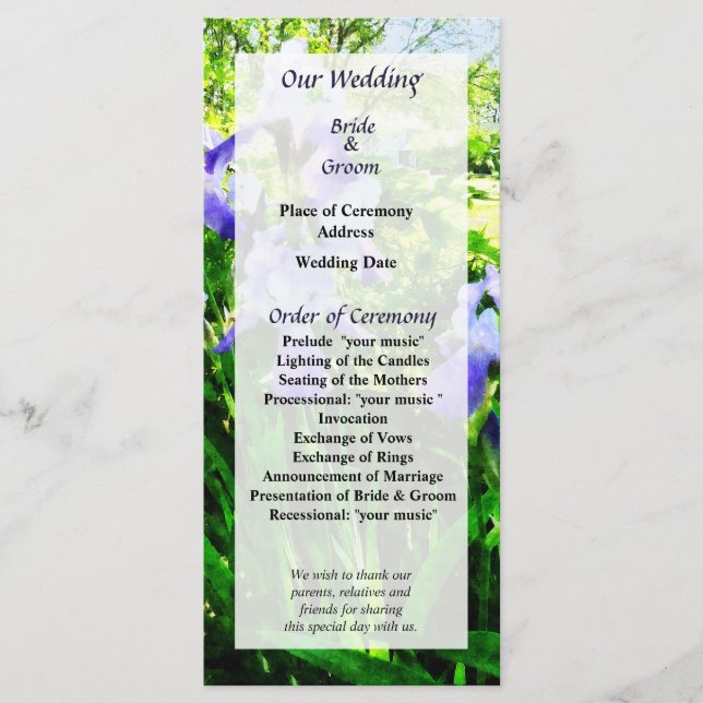 Purple Irises in Suburbs Wedding Program Programme (Front)