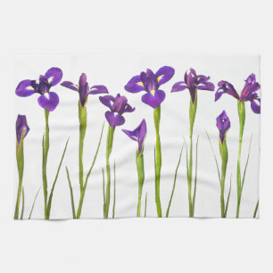 Purple irises isolated on a white background tea towel