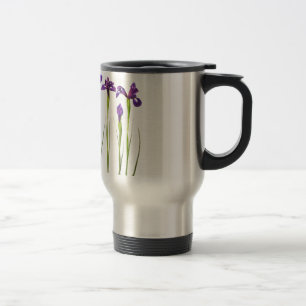 Purple irises isolated on a white background travel mug