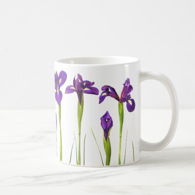 Purple Irises on White Background - Floral Iris Coffee Mug (Right)