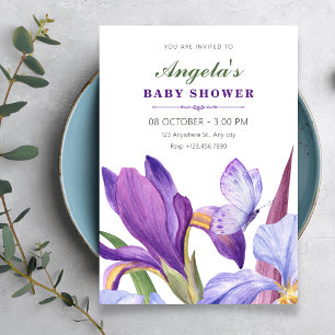 Purple isris floral bloom watercolor baby shower invitation