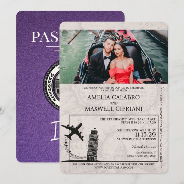 Purple Italy Passport Wedding Invitation (Front/Back)