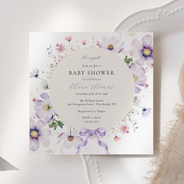 Purple It's a Girl Floral Bow Baby Shower Invitation (Creator Uploaded)