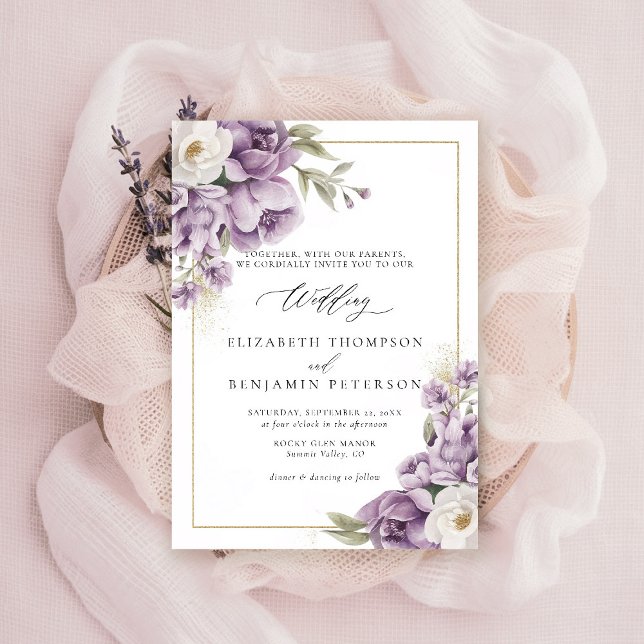 Purple Ivory Gold Floral Frame Elegant Wedding Invitation (purple ivory gold wedding invitation watercolor elegant floral mauve green barn ranch garden)