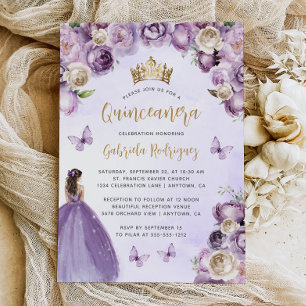 Purple Ivory Gold Floral Watercolor Quinceañera Invitation