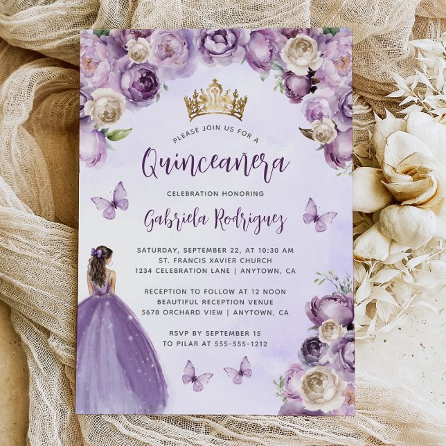 Purple Ivory Gold Floral Watercolor Quinceañera Invitation (Creator Uploaded)