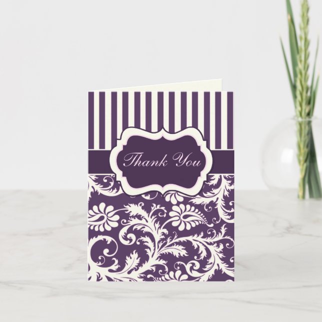 Purple, Ivory, Pink Damask Thank You Card II (Front)