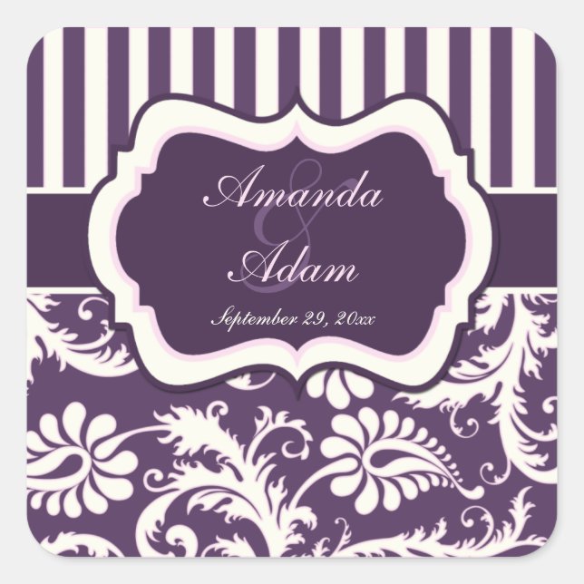Purple, Ivory, Pink Striped Damask Wedding Sticker (Front)