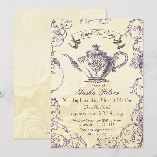 Purple Ivory Roses vintage Bridal Tea Invitation (Front/Back)