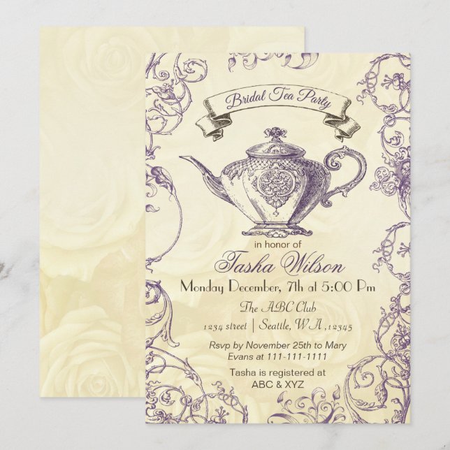 Purple Ivory Roses vintage Bridal Tea Invites (Front/Back)