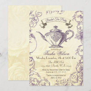 Purple Ivory Roses vintage Bridal Tea Invites