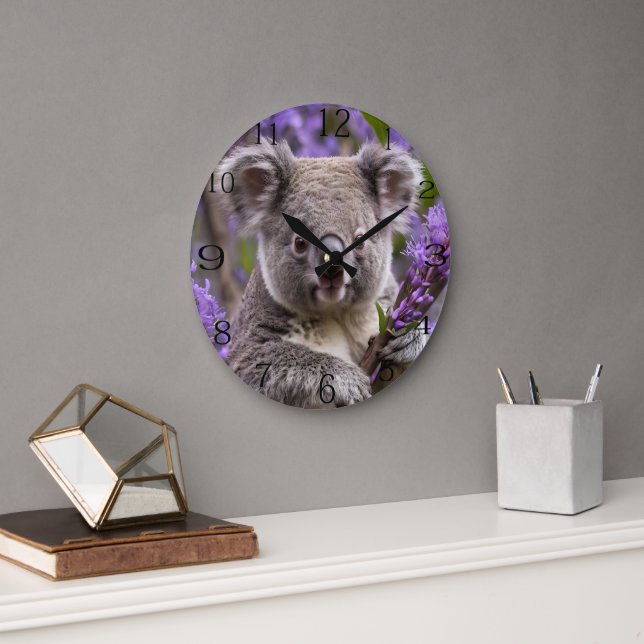 Purple Jacaranda Koala Bear, Large Clock (Office)