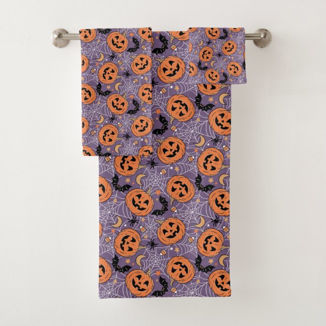 Purple Jack-O-Lantern Halloween Pattern Bath Towel Set (Insitu)