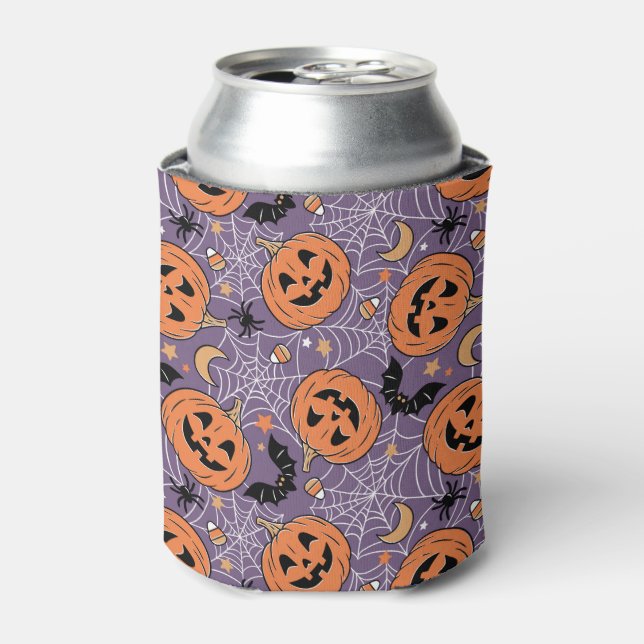 Purple Jack-O-Lantern Halloween Pattern Can Cooler (Can Front)