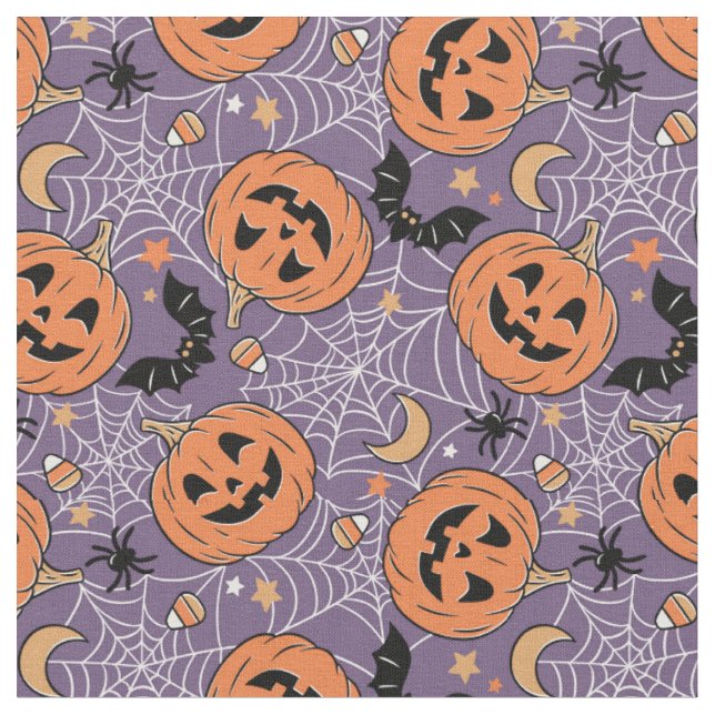 Purple Jack-O-Lantern Halloween Pattern Fabric (Close Up)