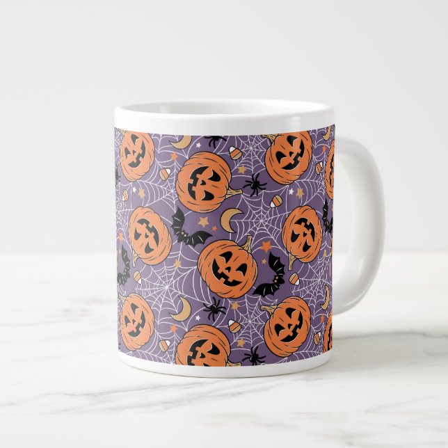 Purple Jack-O-Lantern Halloween Pattern Large Coffee Mug (Front Right)