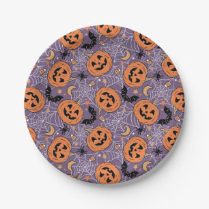 Purple Jack-O-Lantern Halloween Pattern Paper Plate