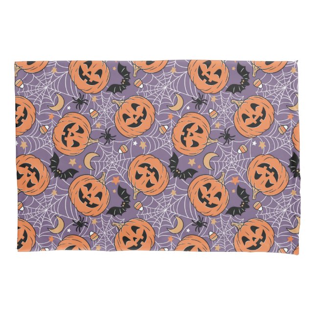 Purple Jack-O-Lantern Halloween Pattern Pillowcase (Front)
