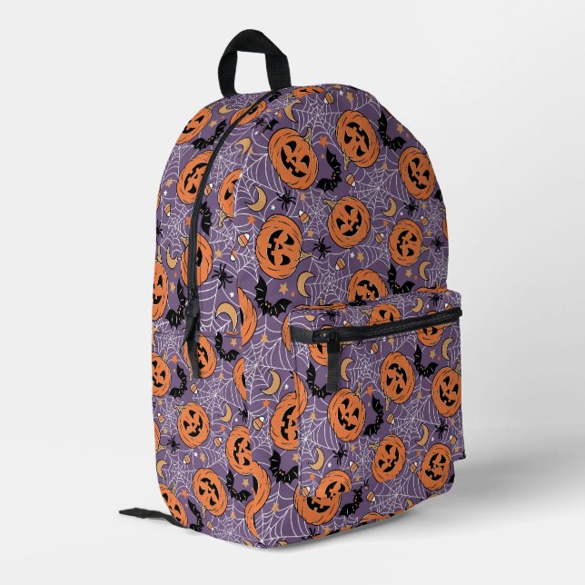 Purple Jack-O-Lantern Halloween Pattern Printed Backpack (Back Corner Left)