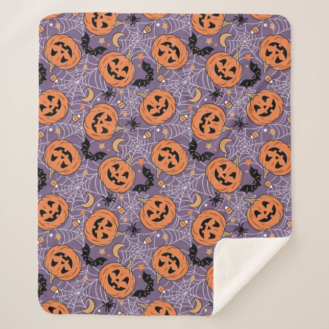 Purple Jack-O-Lantern Halloween Pattern Sherpa Blanket (Front)