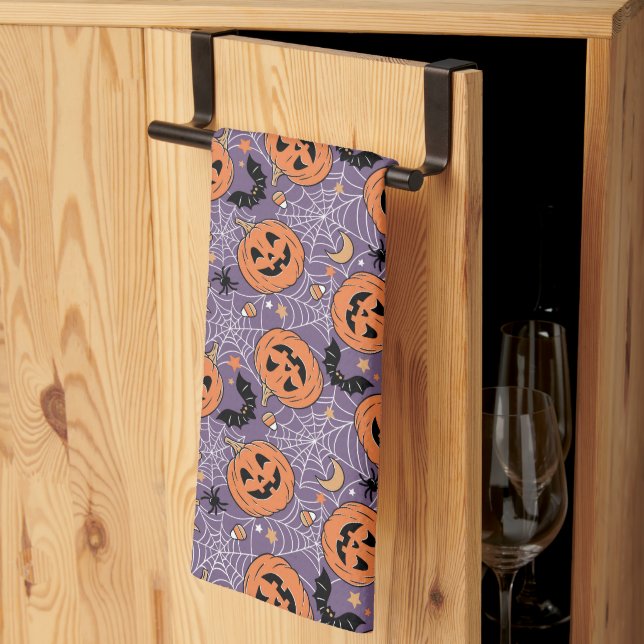 Purple Jack-O-Lantern Halloween Pattern Tea Towel (Thirds Fold)