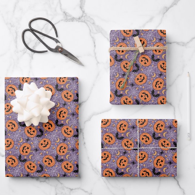 Purple Jack-O-Lantern Halloween Pattern Wrapping Paper Sheet (Front)