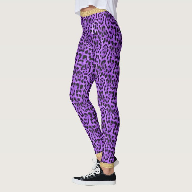 Purple Jaguar Skin Print Gold Glitter Chic Initial Leggings (Left)