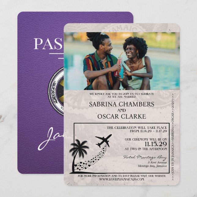 Purple Jamaica Passport Wedding Invitation (Front/Back)