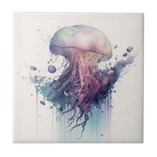 Purple Jellyfish, Watercolor, Ceramic Tile (Front)