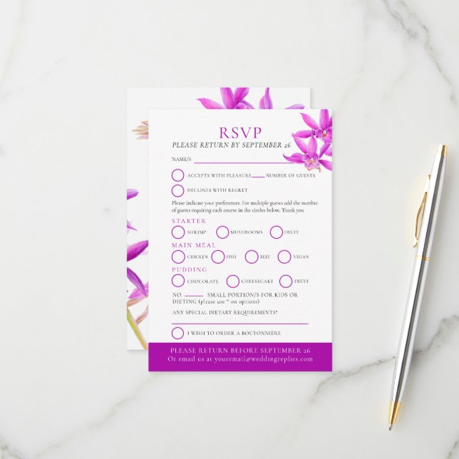 Purple jewel orchid watercolor wedding RSVP card (Front/Back In Situ)