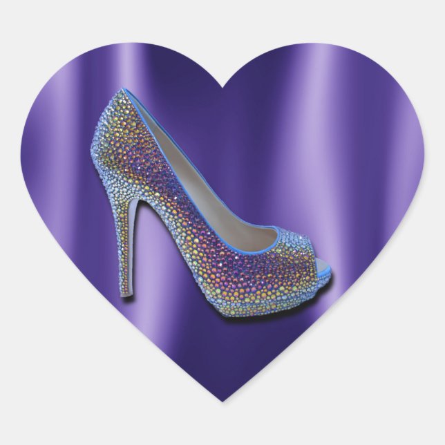 Purple Jewel Satin High Heel Shoe Crystal Heart Sticker (Front)