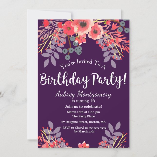 Purple Jewel Tone Watercolor Flowers Birthday Invitation (Front)