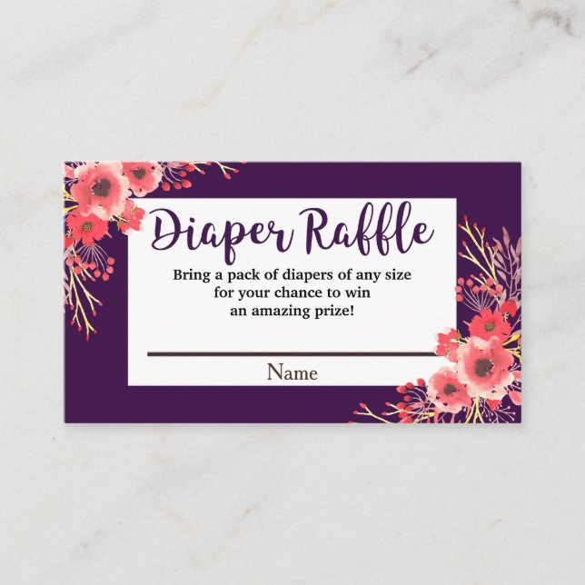 Purple Jewel Tone Watercolor Flowers Diaper Raffle Enclosure Card (Front)