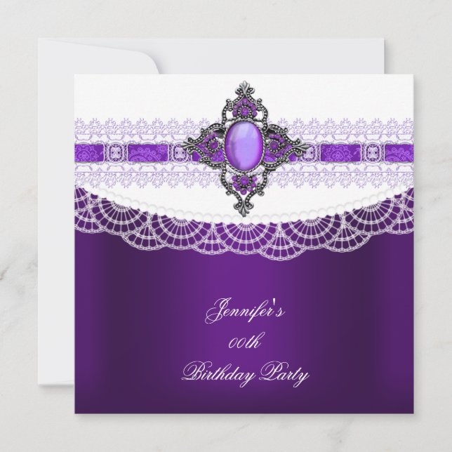 Purple Jewel White Lace Birthday Party Invitation (Front)