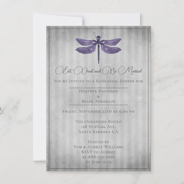 Purple Jewelled Dragonfly Rehearsal Dinner Invitation (Front)