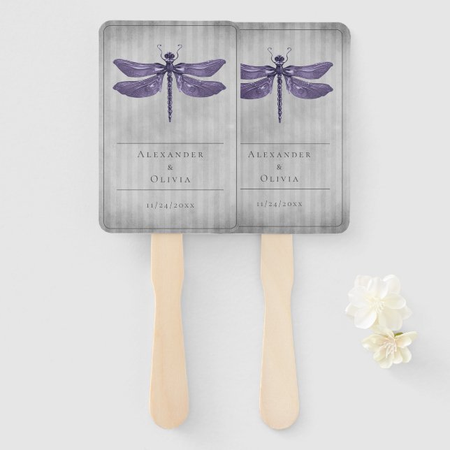 Purple Jewelled Dragonfly Wedding Favour Hand Fan (Front and Back)
