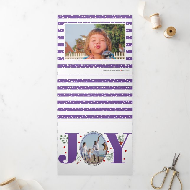 Purple joy and berries Christmas holiday photo Tri-Fold Holiday Card (Outside)
