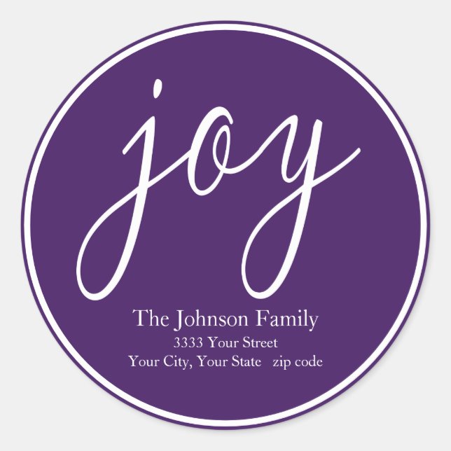 Purple Joy Christmas Round Return Address Label (Front)