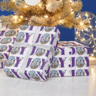 Purple JOY Merry Christmas holiday photo Wrapping Paper
