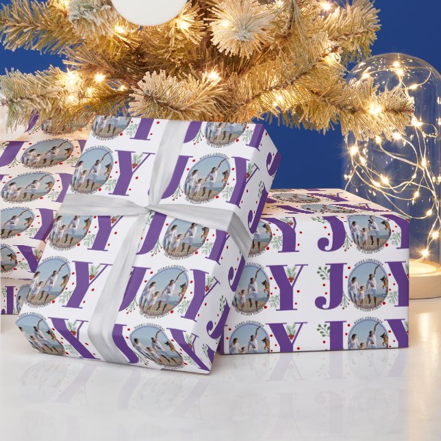 Purple JOY Merry Christmas holiday photo Wrapping Paper (Holidays)