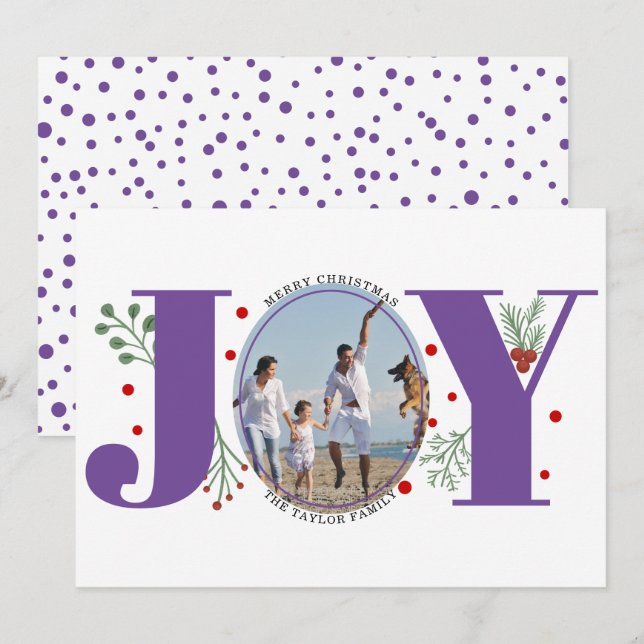 Purple Joy with berries Christmas photo Holiday Card (Front/Back)