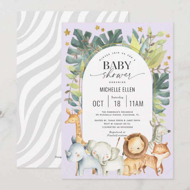 Purple jungle animals cute baby girl shower invitation (Front/Back)
